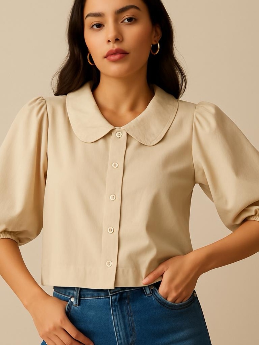 Lucy Beige Button-Front Top with Peter Pan Collar Puff Sleeves Size L